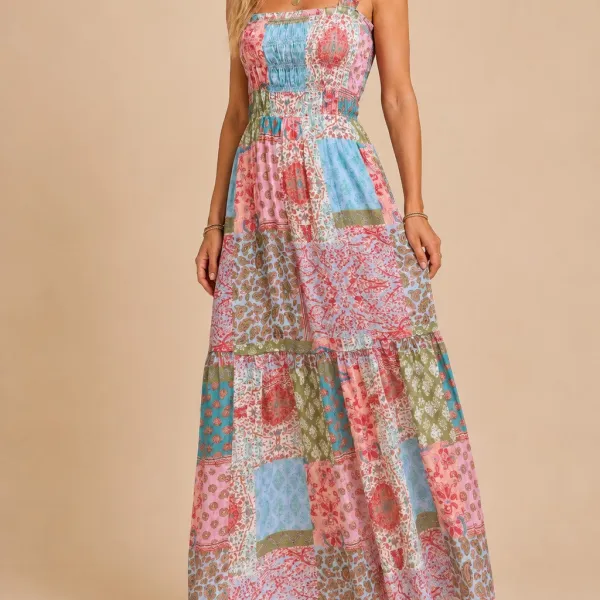 Smocked Tiered Patchwork Dress