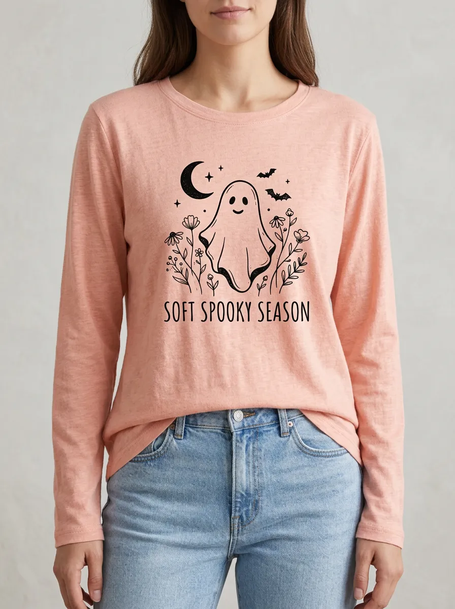Ghost Floral Spooky-Season Halloween Cotton Linen Long Sleeve Top