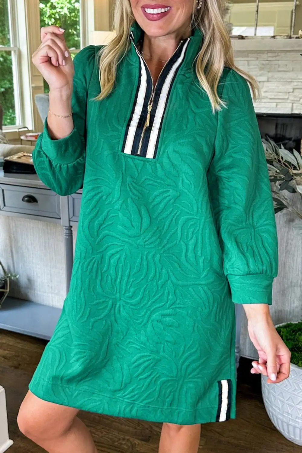Textured Zip Front Shift Mini Dress