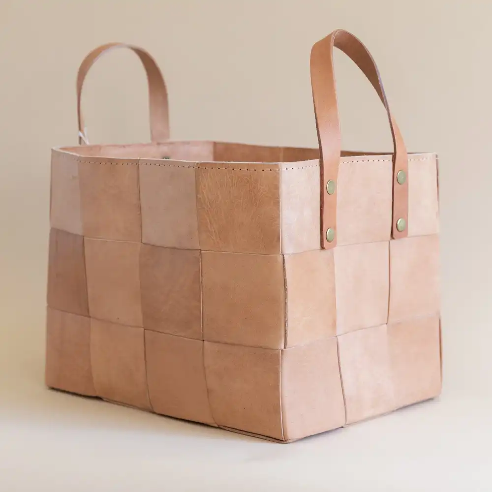 Woven Leather Basket with Handles