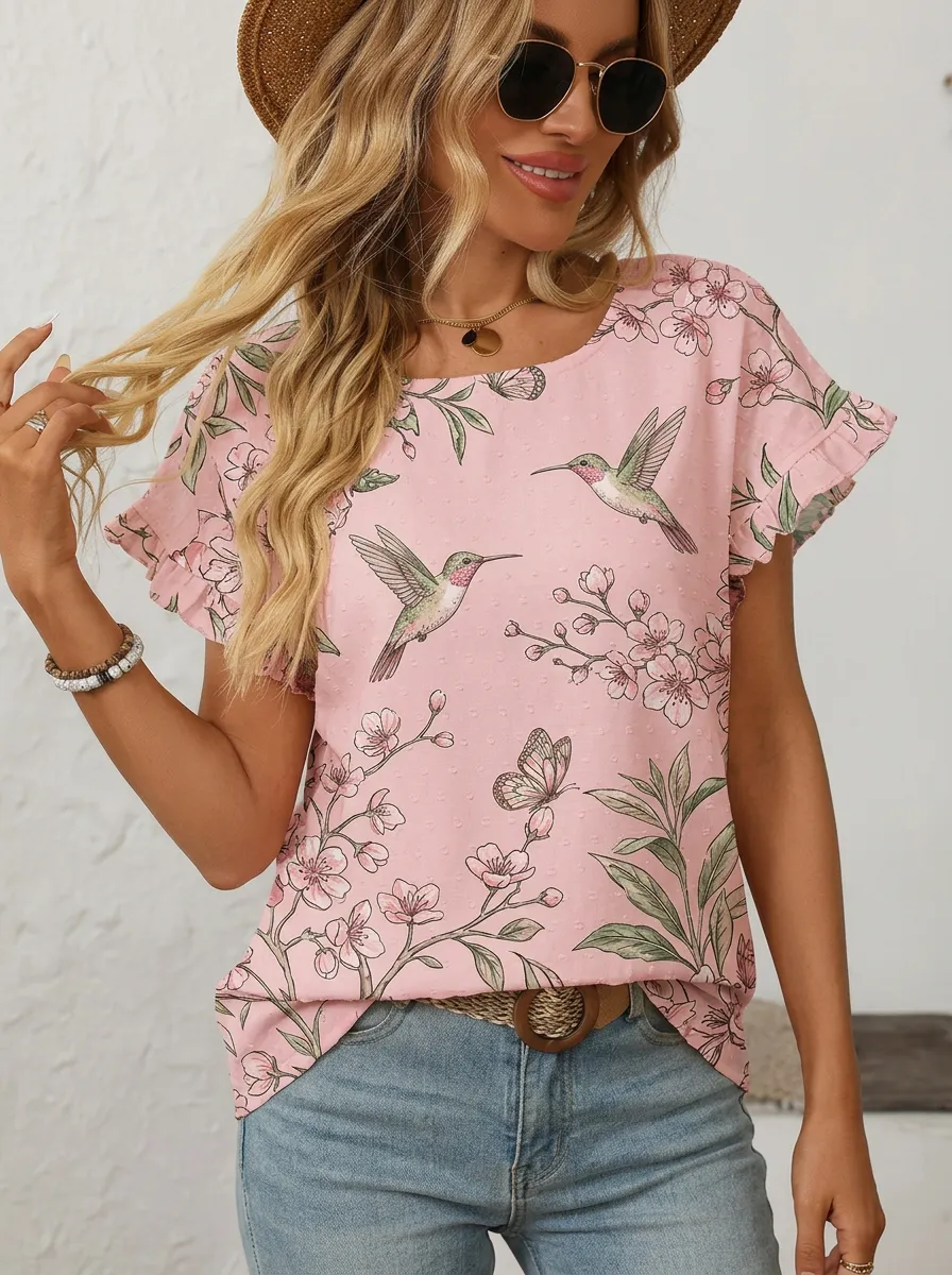 Hummingbird Cherry Blossom Floral Women's Loose Printed T-Shirt