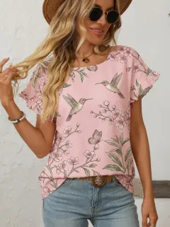 Hummingbird Cherry Blossom Floral Women's Loose Printed T-Shirt