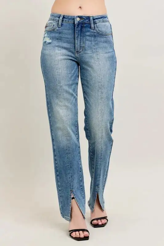 Full Size High Waist Vintage Wash Front Seam & Slit Straight Plus Size