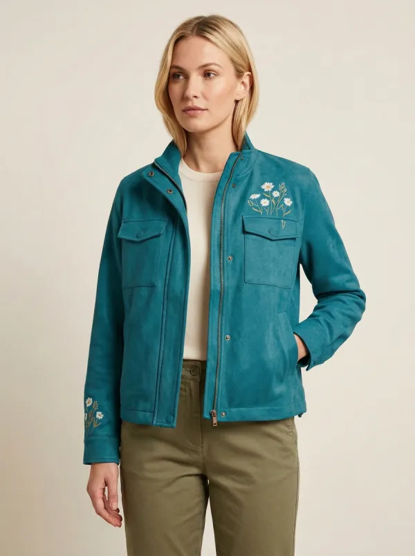Women's Floral Daisy Embroidered Suede Jacket