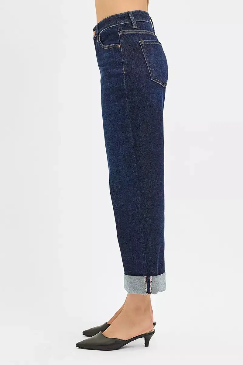 Mid Rise Fit Ankle Wide Roll Up Jeans