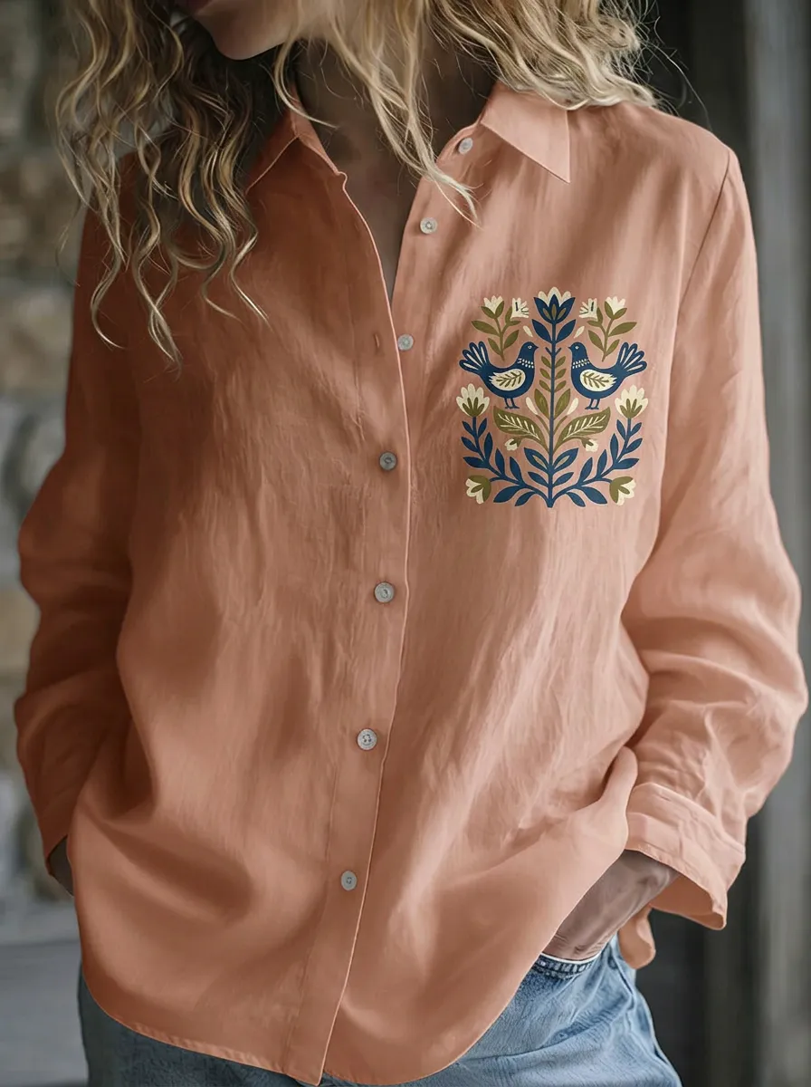 Women's Folk Art Bird Floral Printed Button Down Shirt