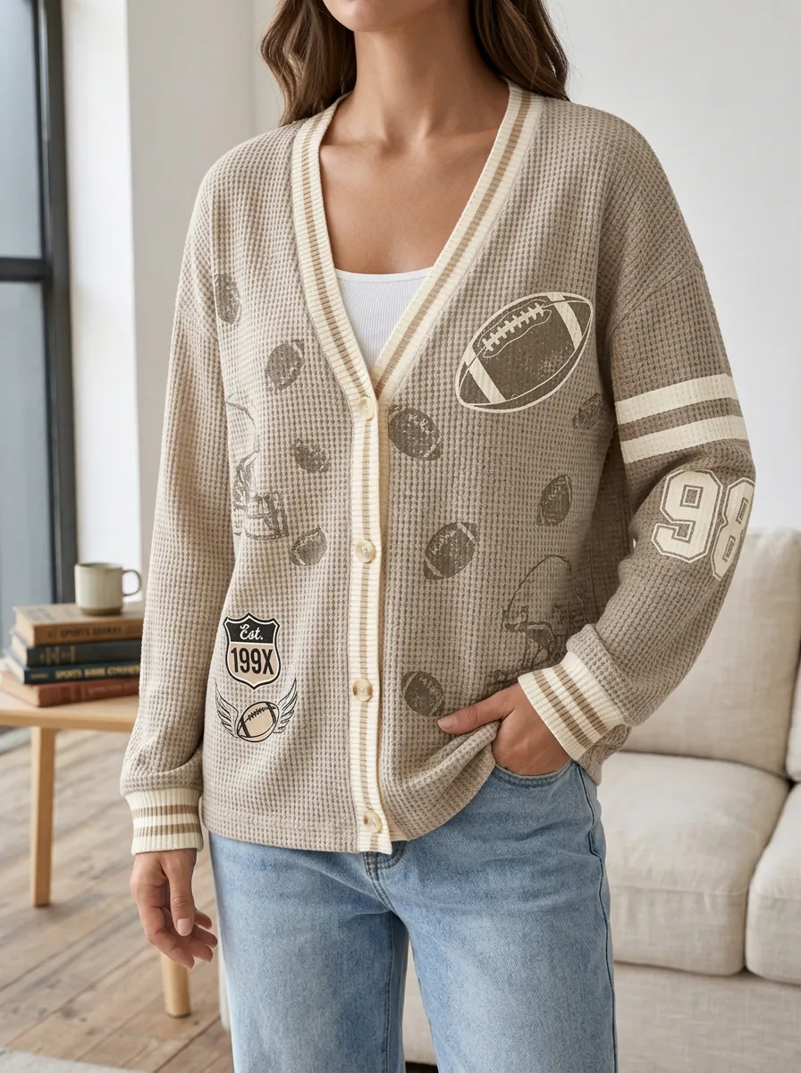 Women's Football Fan 199X Graphic Printed Waffle Knit Cardigan