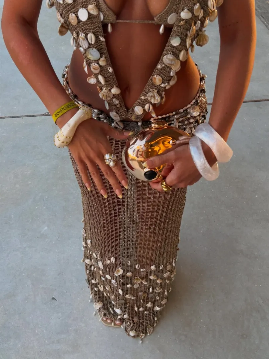 Kylie Shell-Embellished Halter Crochet Maxi Dresses