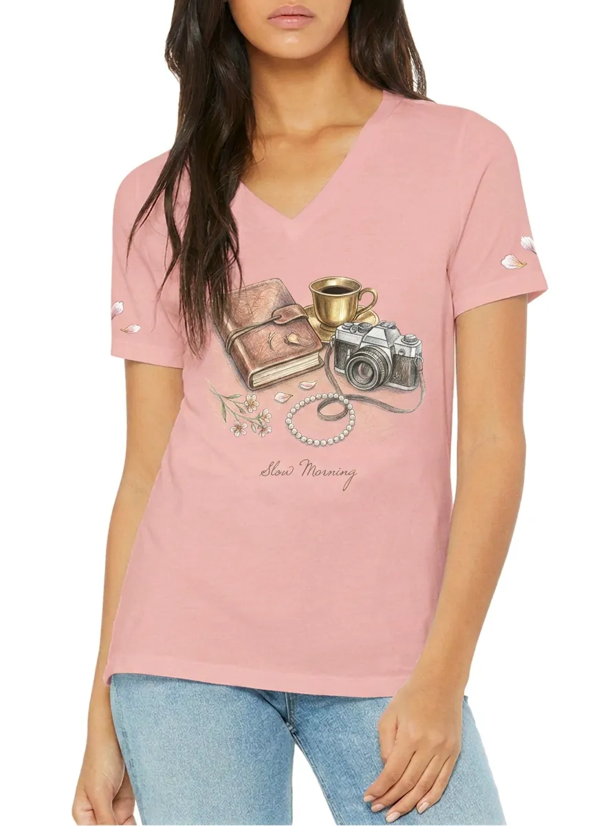 Women's Slow Morning Camera Coffee Book Printed V-neck T-shirt