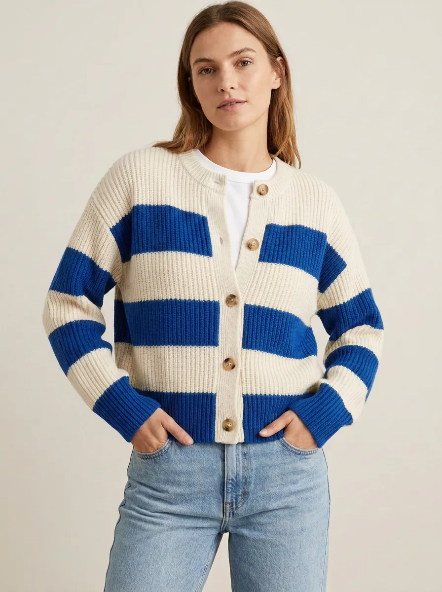 Waffle Knit Rugby Striped Knit Cardigan
