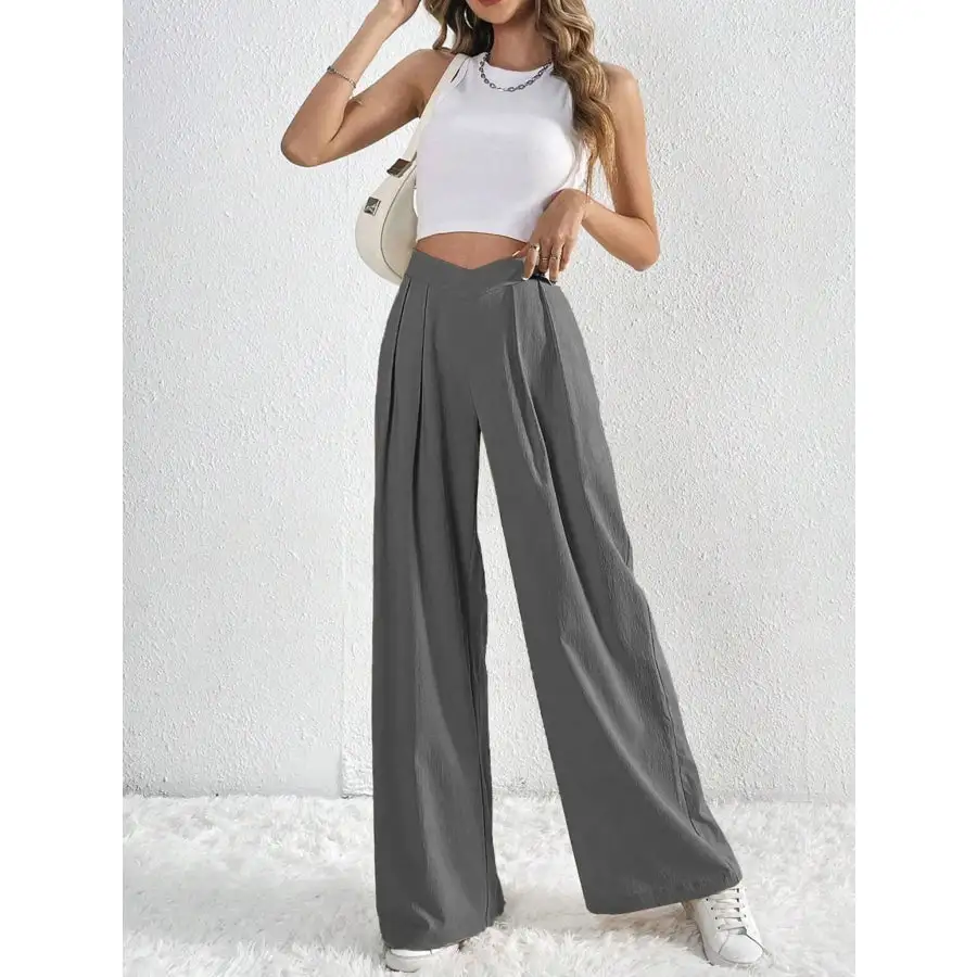 V Waisted Ruched Front Wide Leg Pants