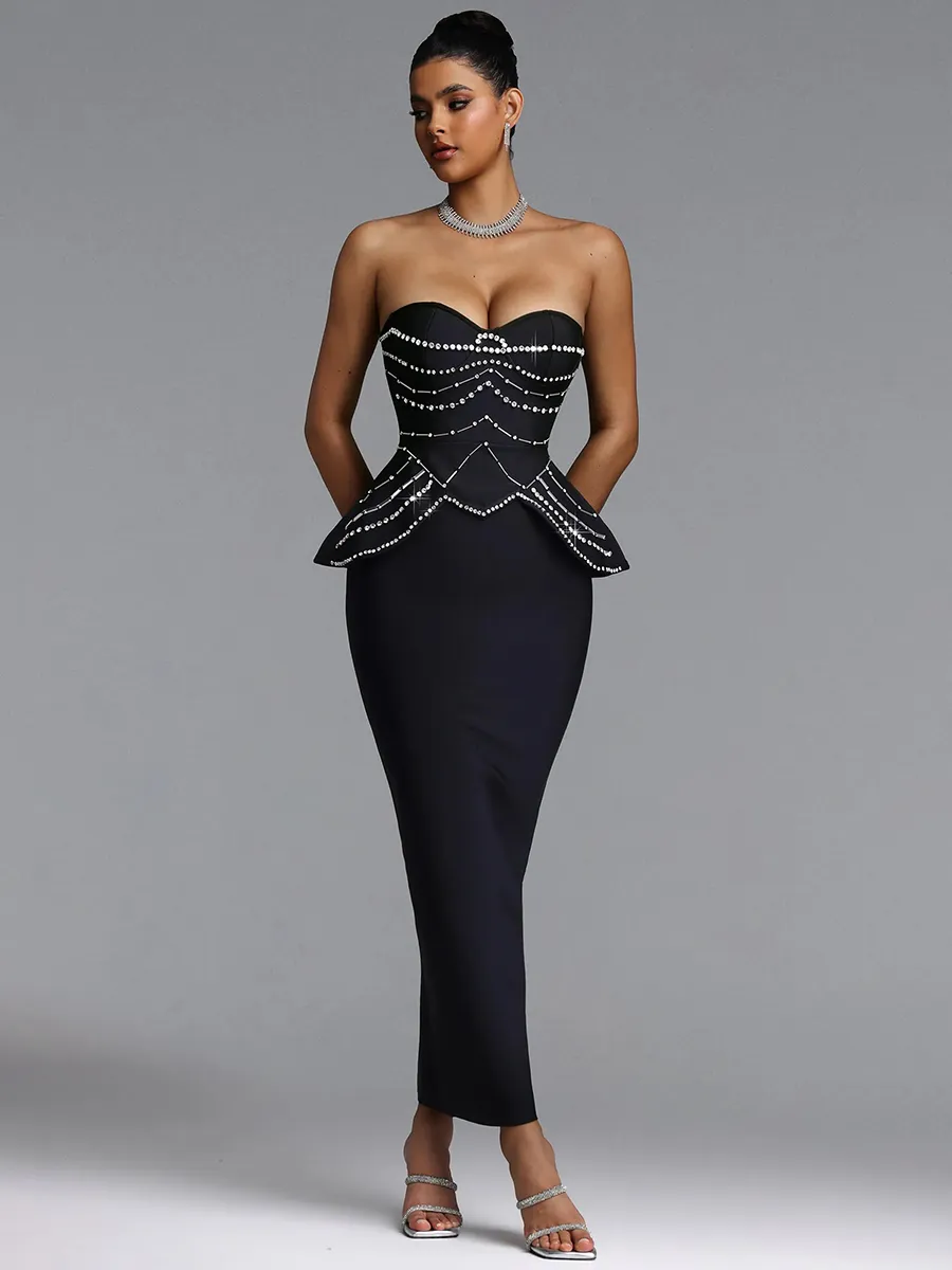 Kim  Crystal-Embellished Strapless Peplum Midi Dress