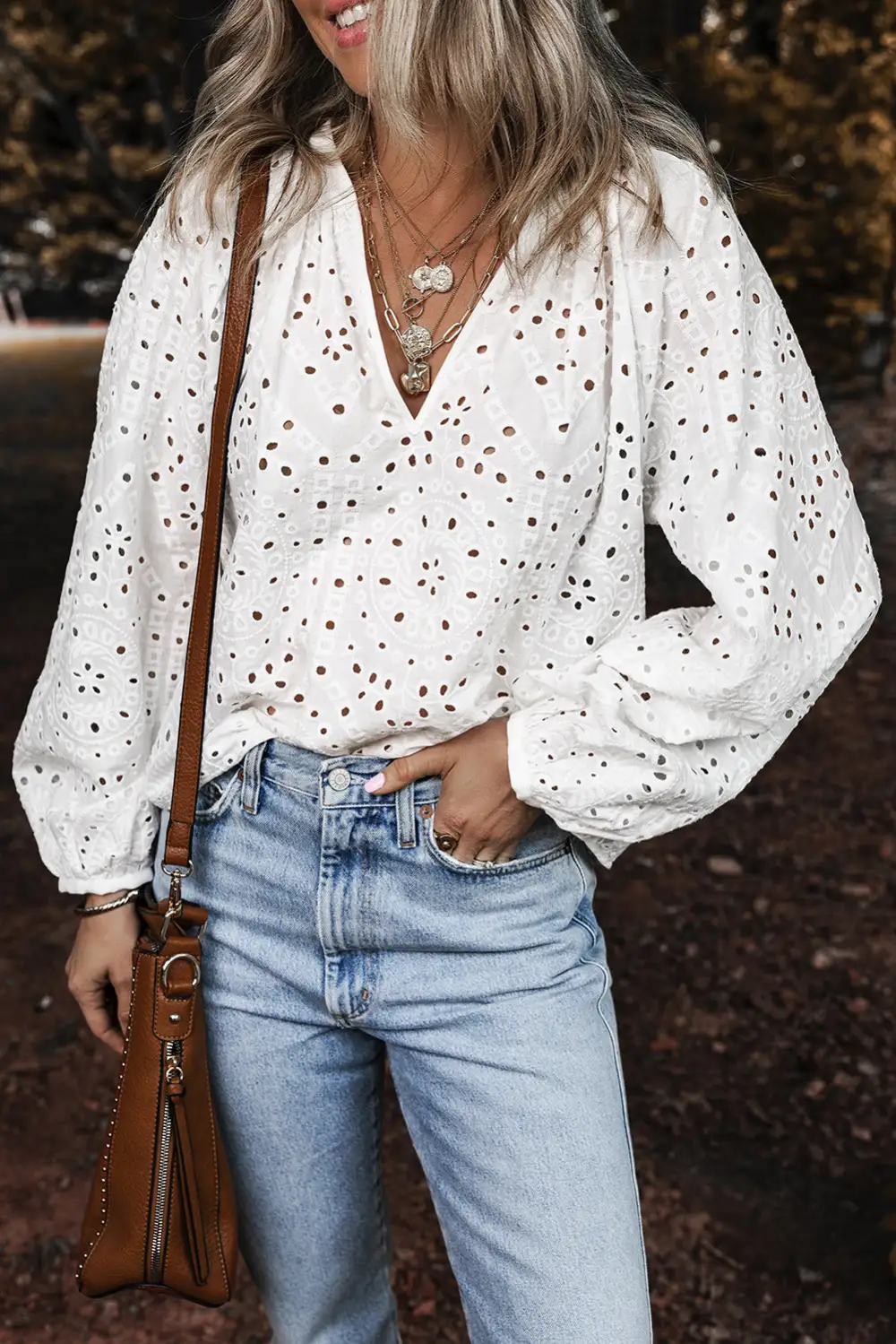 Embroidered Eyelet V-Neck Blouse