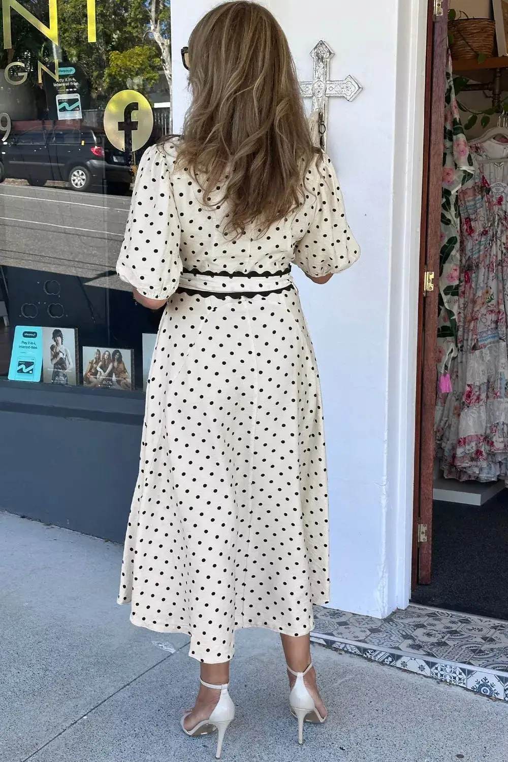 Half-Sleeve Polka-Dot Midi Dress