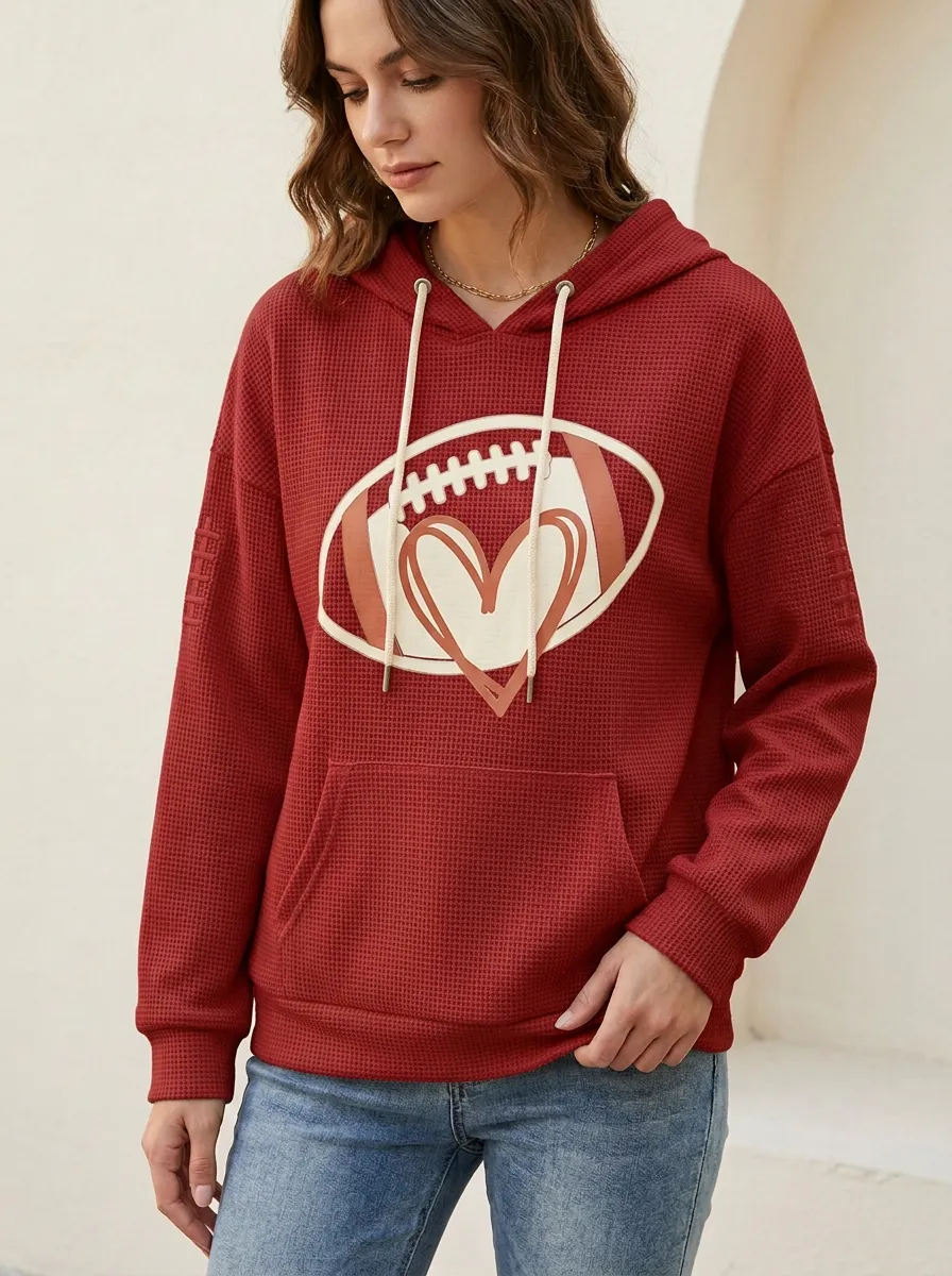 Women's Football Lover Heart Graphic Printed Waffle Hoodie