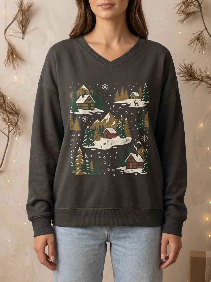 Christmas Winter Cabin Forest Print Sweatshirt