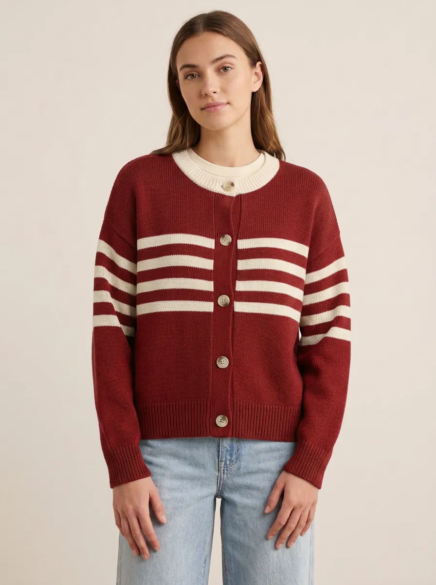Relaxed Distinctive Rugby Striped Knit Cardigan