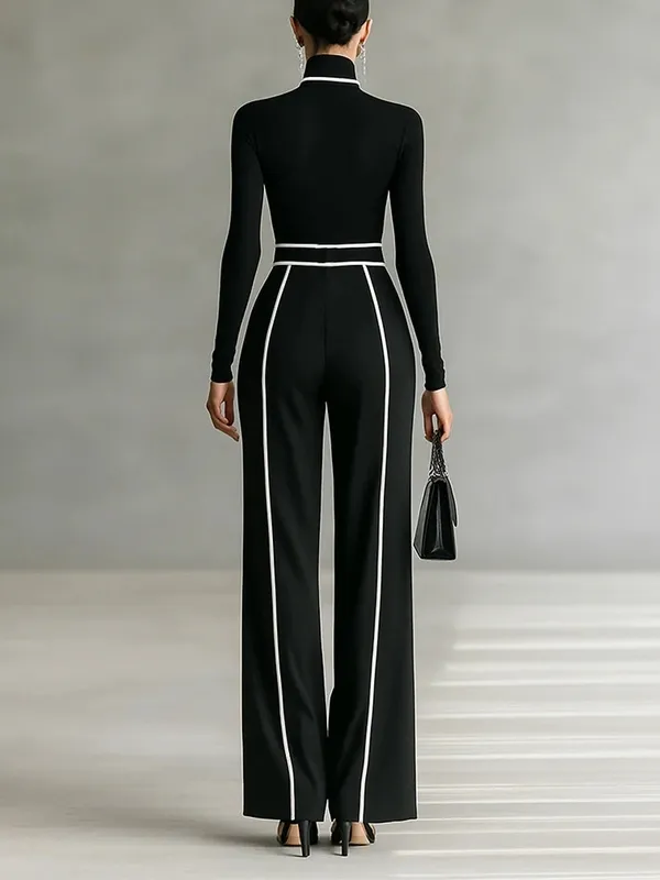 Refined High-High-Neck Top and Wide-Leg Pants Set