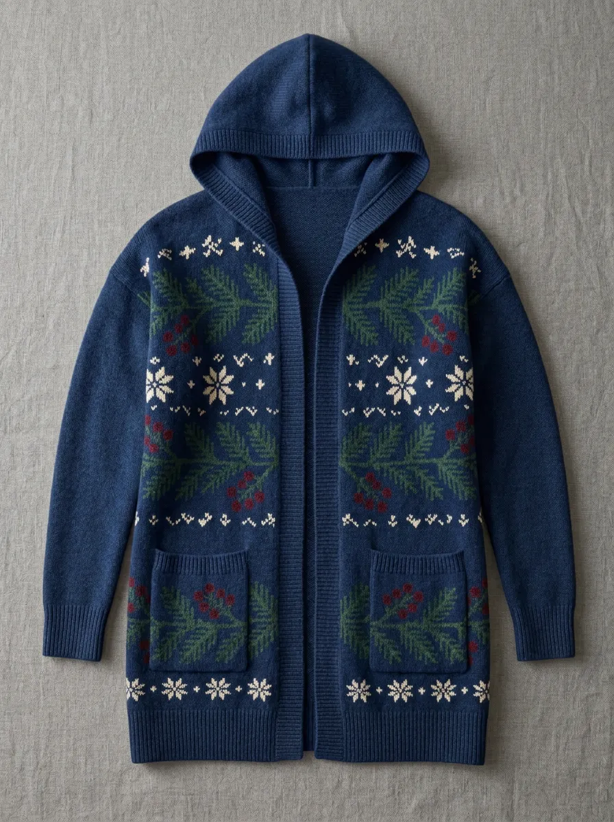 Christmas Pine Berry Snowflake Pattern Print Hooded Cardigan