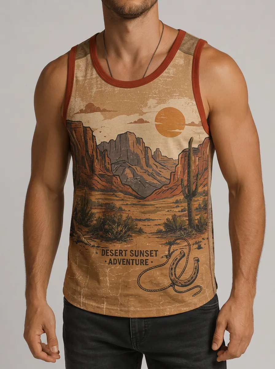 Men's Desert Sunset Adventure Cactus Horseshoe Printed Tank Top