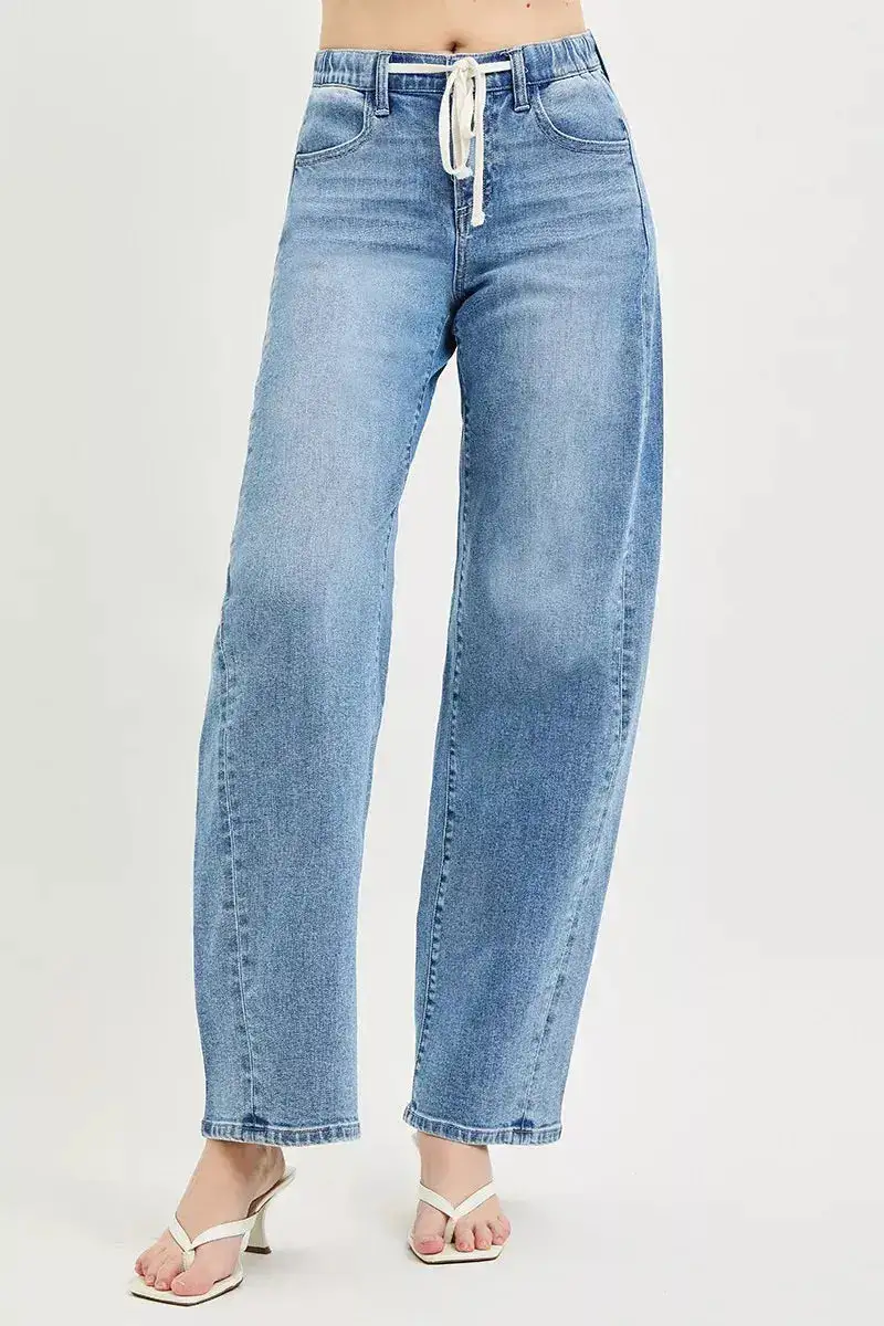 Wide Leg Drawstring Cropped Pocketed Denim Jeans