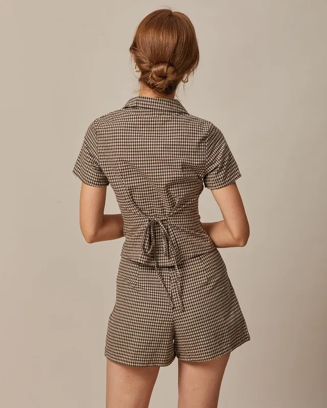 Brown Lapel Gingham Short Sleeve Blouse