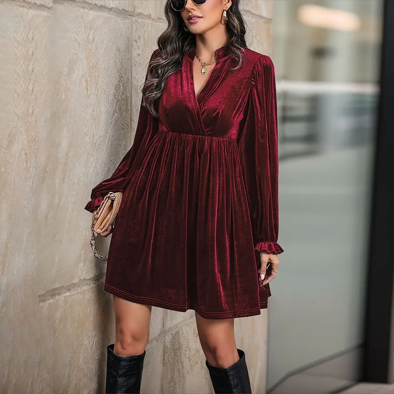 Women's V-Neck Long-Sleeve Velvet Bridal Dress