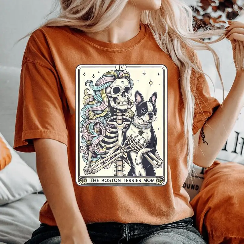 Retro Boston Terrier Mom Tarot Card Skeleton Dog Mama Women's Oversized Comfort T-Shirt