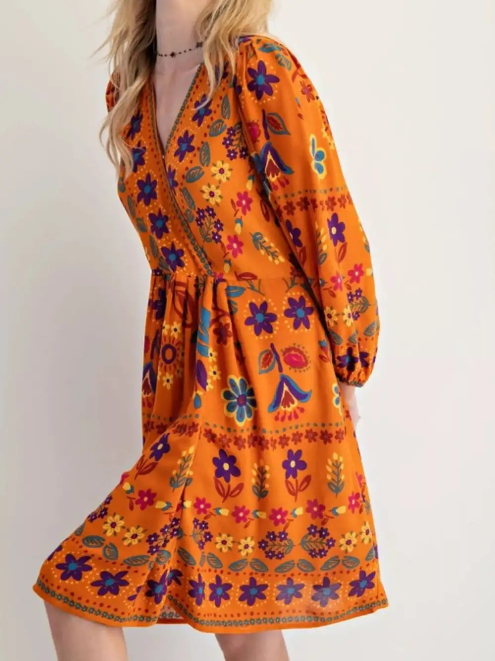 Structured Shape Floral Printed Long Sleeve Mini Dress