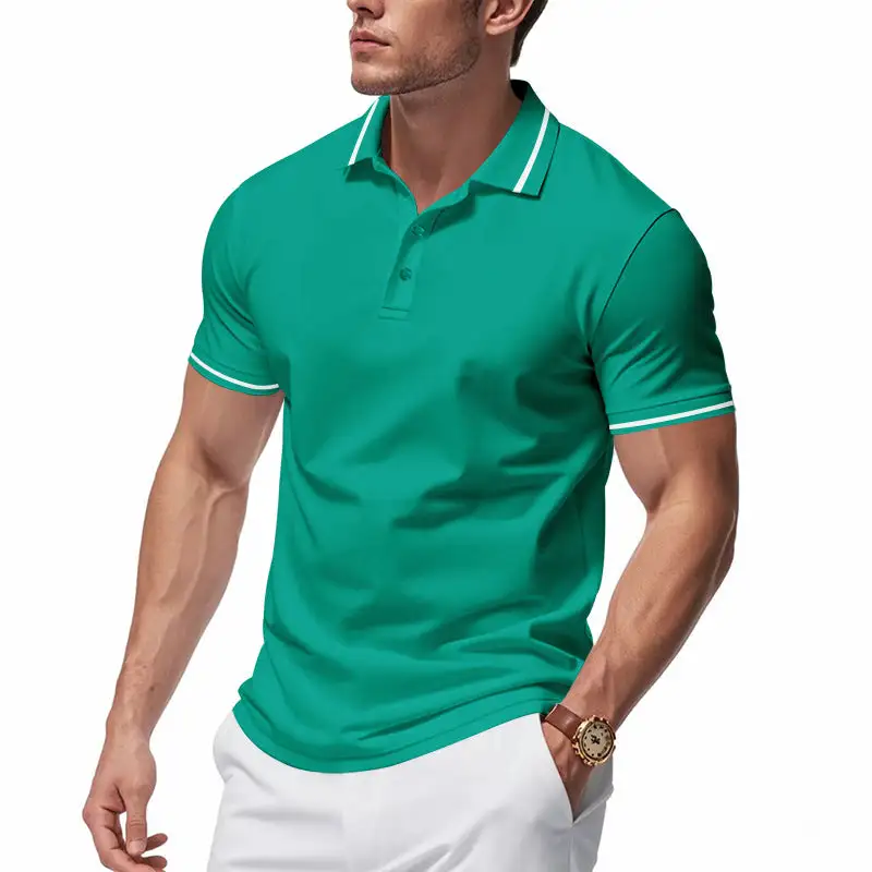 Men's Breathable Interlock Polo Shirt With Contrast Tipping Short Button Placket And Slim Silhouette
