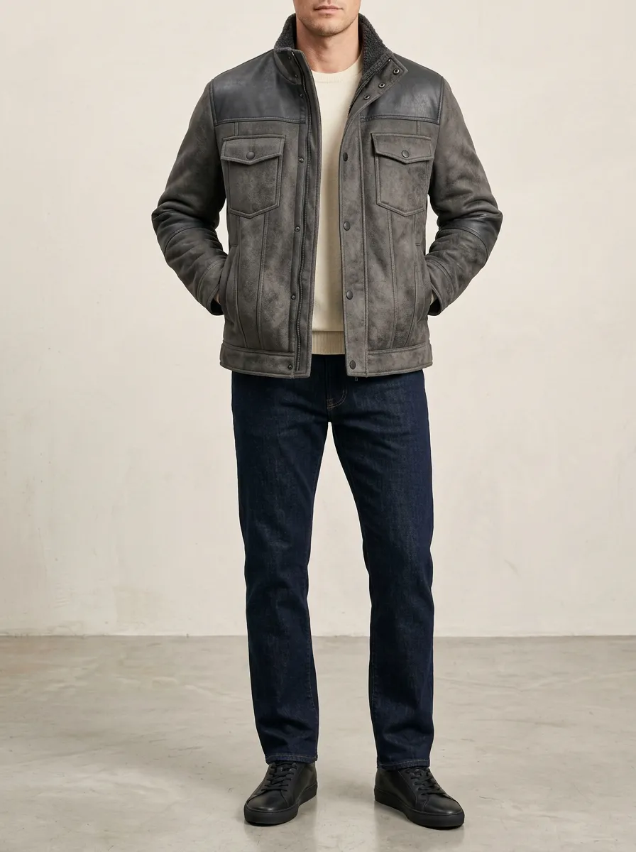 Men's Sherpa-Lined Casual Jacket in Faux-Suede Finish