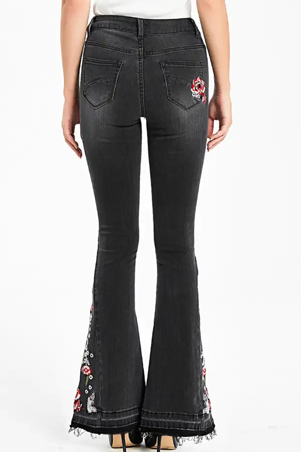 Raw Hem Flower Embroidery Denim Jeans