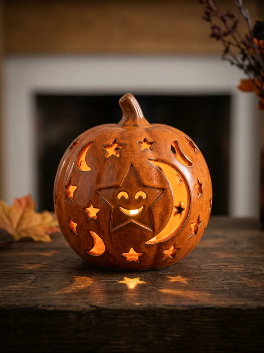 Whimsical Star-Moon Cutout Halloween Pumpkin Light