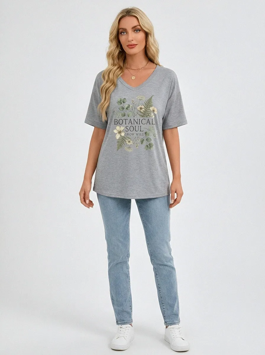Women's Botanical Soul Nature Lover Floral Printed V-neck T-shirt