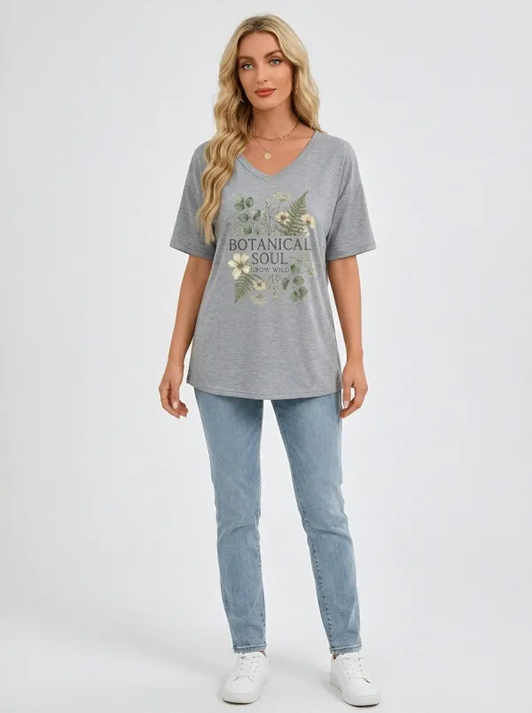 Women's Botanical Soul Nature Lover Floral Printed V-neck T-shirt