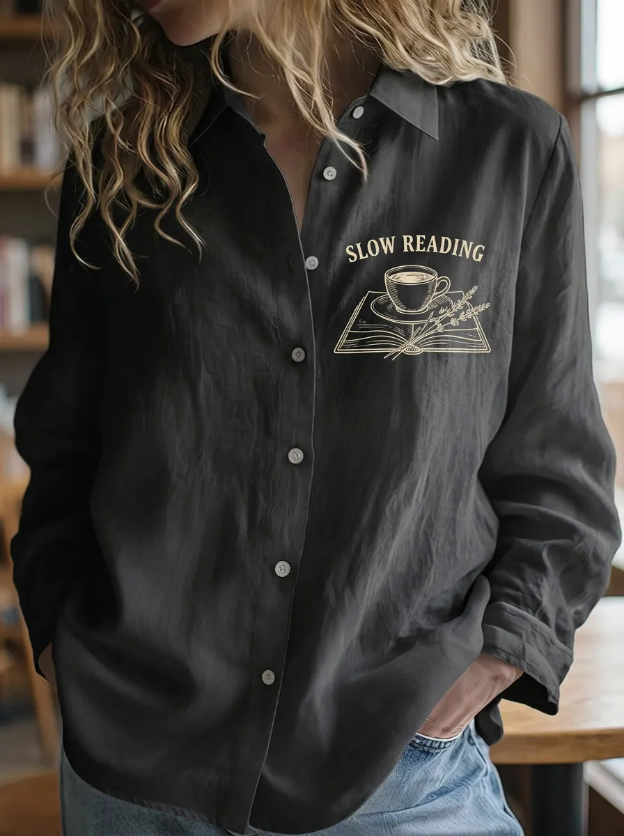 Women's Book Lover Slow Reading Coffee Cup Printed Shirt