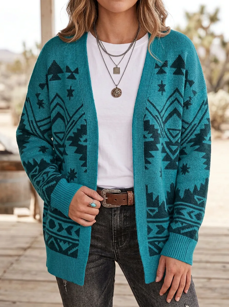 Women's Western Beige and Brown Geometric Pattern Open-Front Cardigan