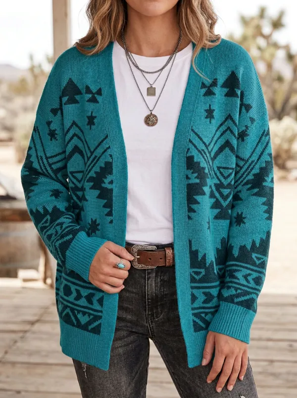 Women's Western Beige and Brown Geometric Pattern Open-Front Cardigan