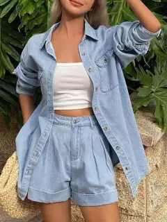 Pocketed Denim Cotton Shirt and Shorts Matching Set