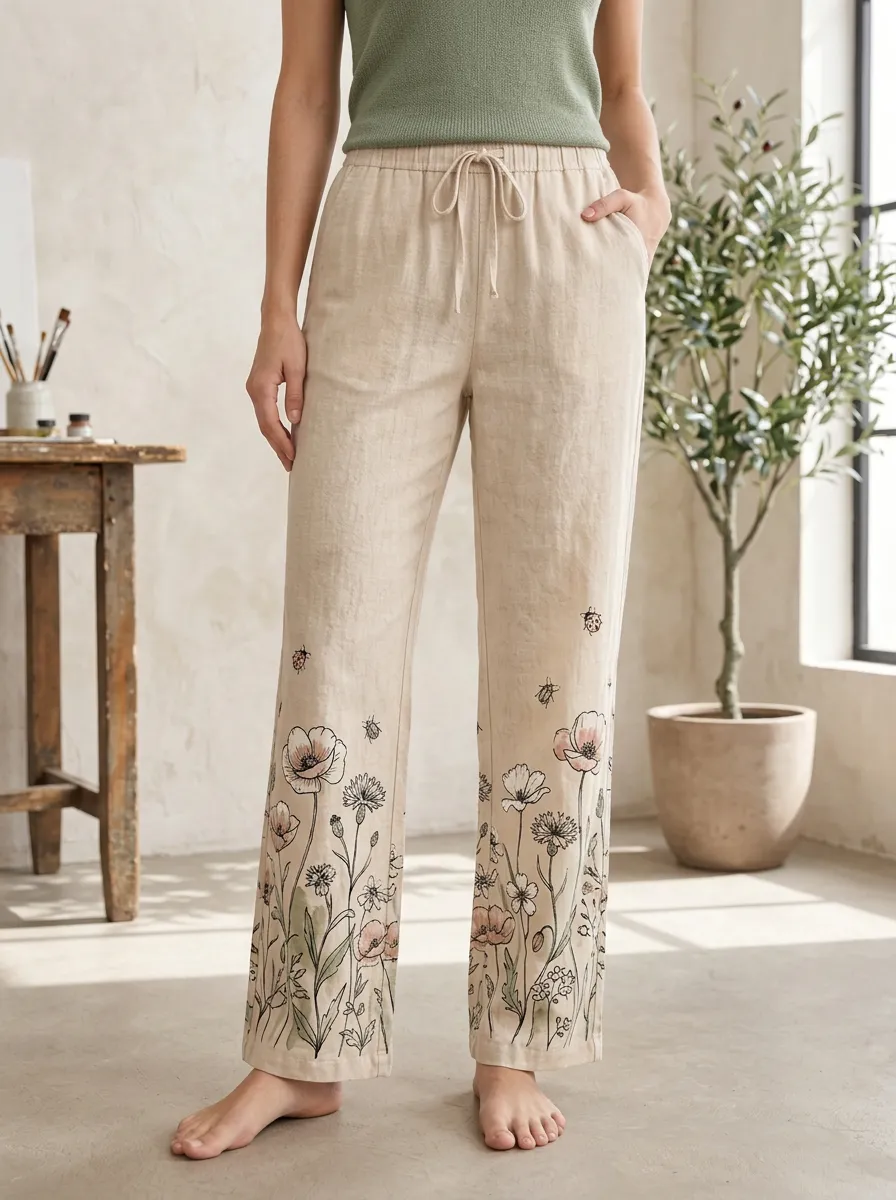 Women's Botanical Wildflower Ladybug Printed Linen Pants