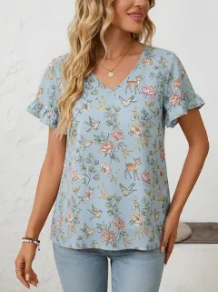 Bird Deer Nature Women's Loose Printed Blouse