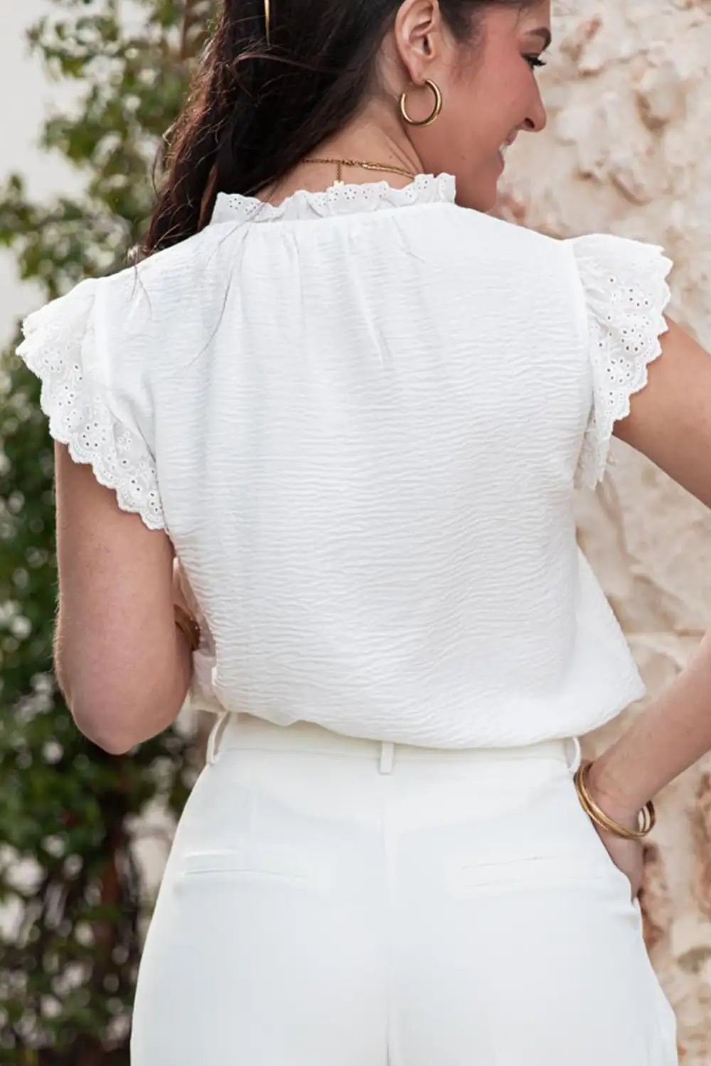 Embroidered Ruffled Textured Blouse