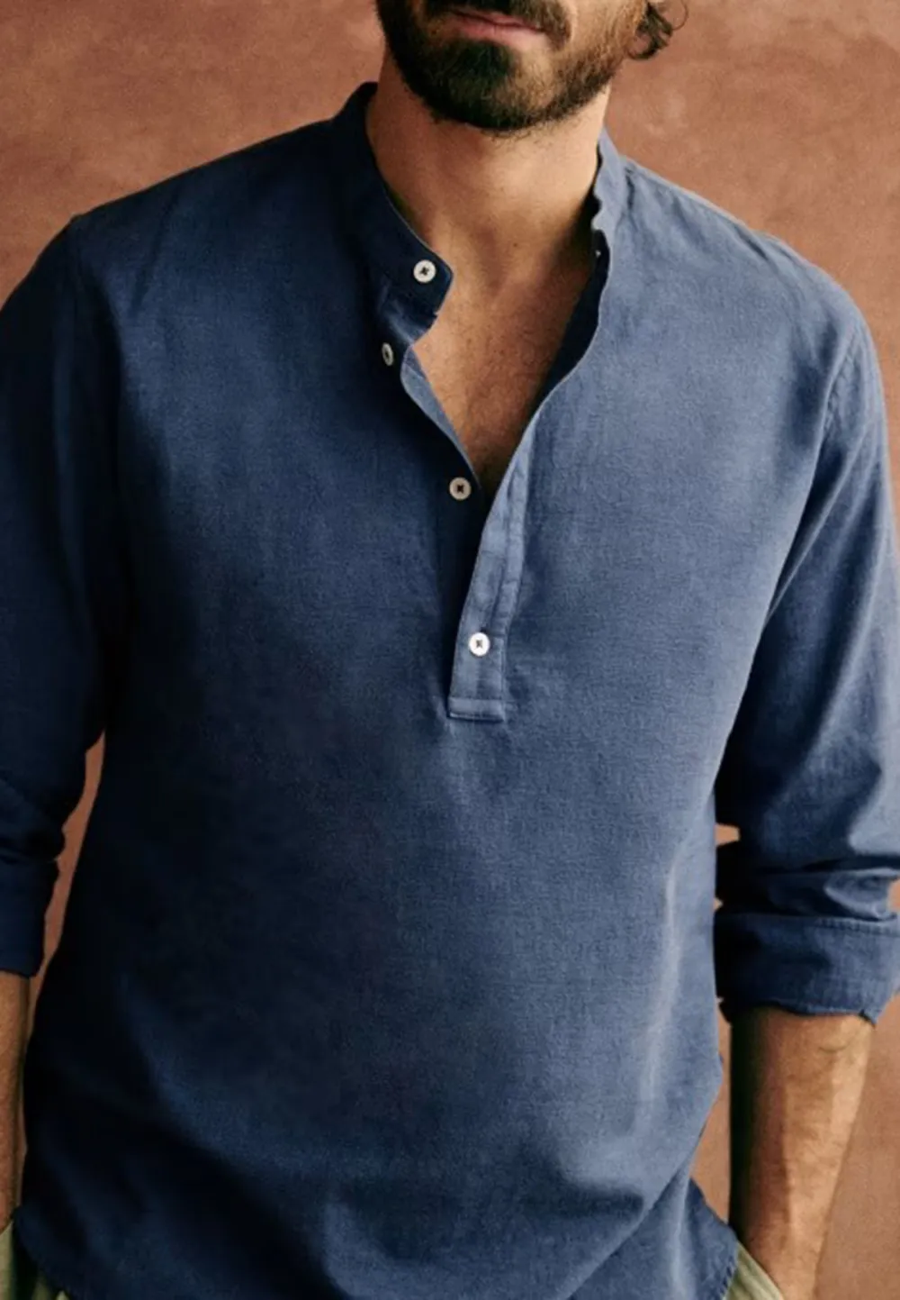 Navy Blue Cotton Linen Blend Regular Fit Shirt