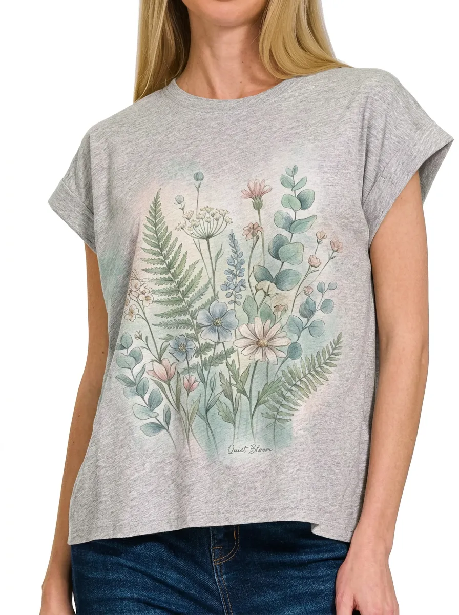 Women's Botanical Nature Lover Wildflower Fern Printed T-shirt