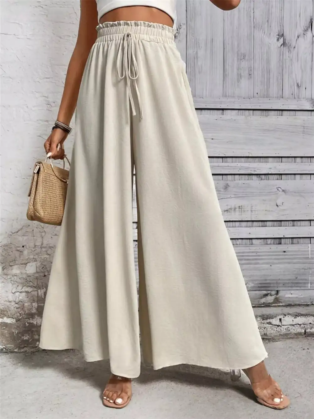 Wide Leg Ruffle Detail Casual Everyday Pants