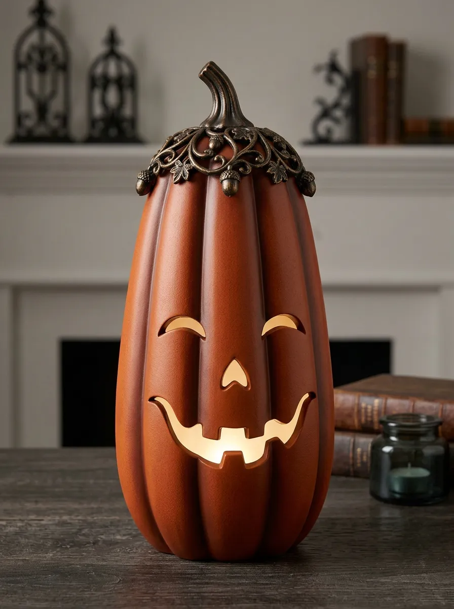Halloween Smiling Tall Pumpkin Metal Leaf Topper LED Ornament