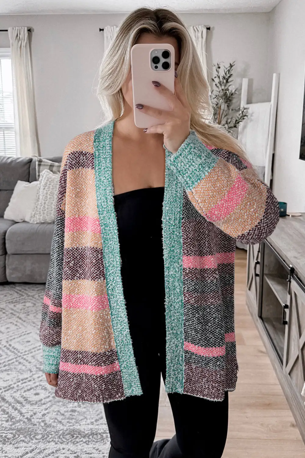 Color Block Striped Side Slit Open Front Cardigan