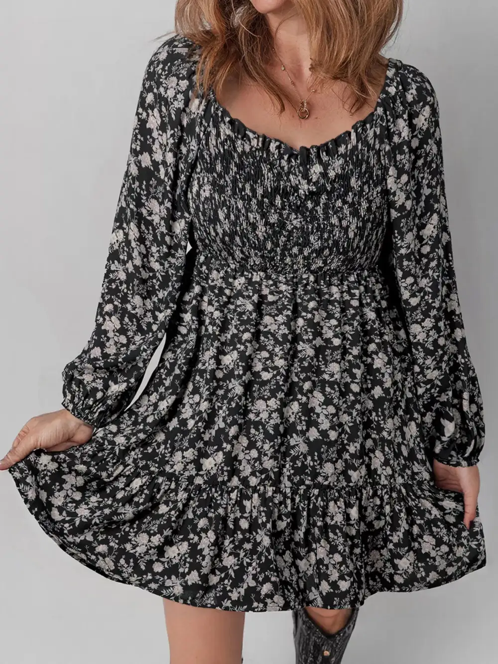 Finish Floral Ruffle Long Sleeve Mini Dress