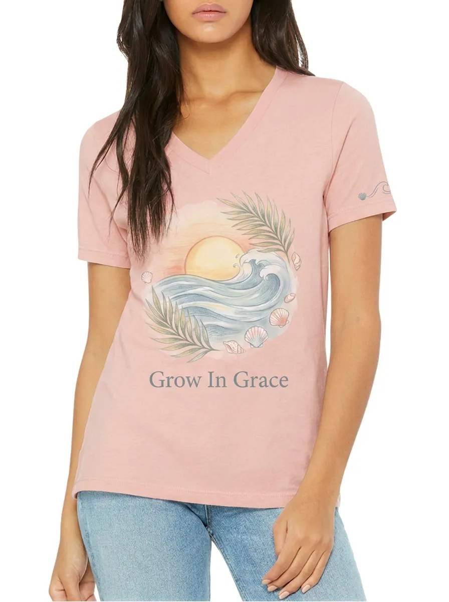 Women's Beach Lover Grow In Grace Sunset Wave Printed V-neck T-shirt