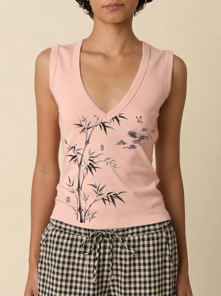 Women's Zen Bamboo Ink Wash Butterfly Printed Tank Top